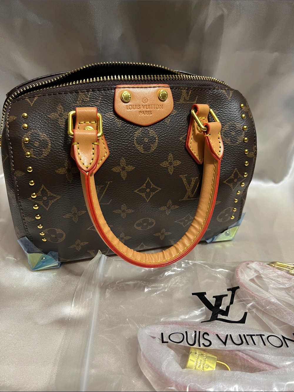 Monogram Satchel with Tan Vachetta Handles and Gold Studs
